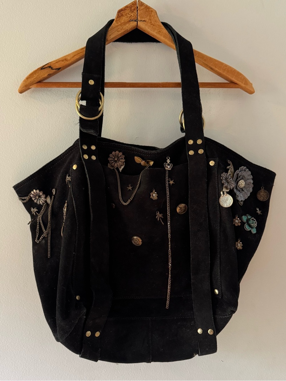 Free People Suede Charm Embellished Tote, leather boho metallic purse bag
